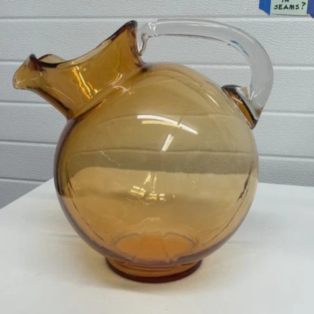 Cambridge Amber Glass Clear Tilt Pitcher 9" x 8.5" Decanter Barware 1930s EUC